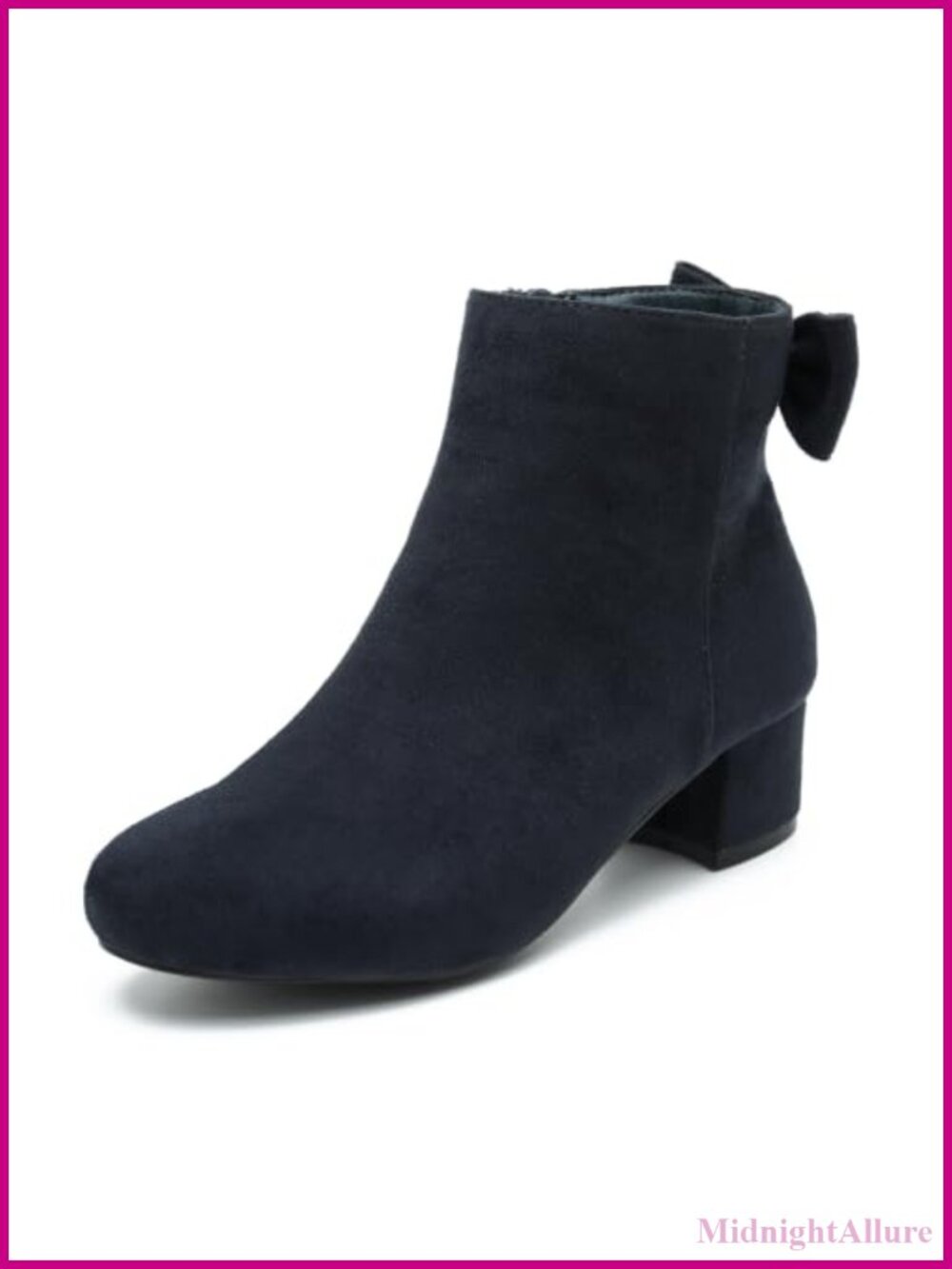 Faux Suede Bow Ankle Boots Low Block Heel Side Zip Dress Booties
